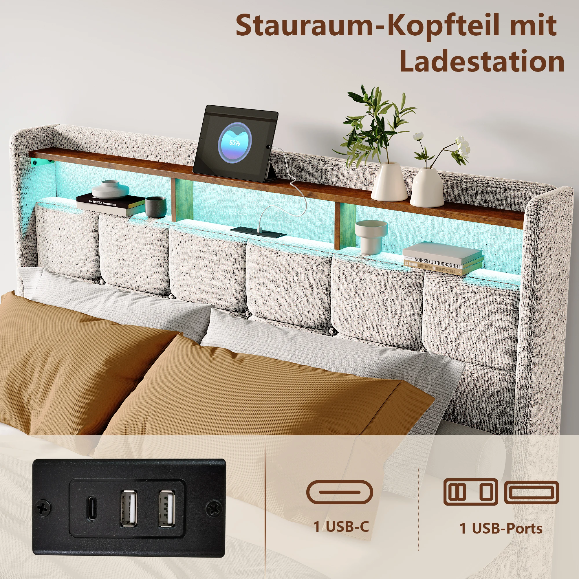 Łóżko tapicerowane lnem Lazyspace, rama łóżka z 4 szufladami do przechowywania, listwą LED i ładowaniem USB typu C