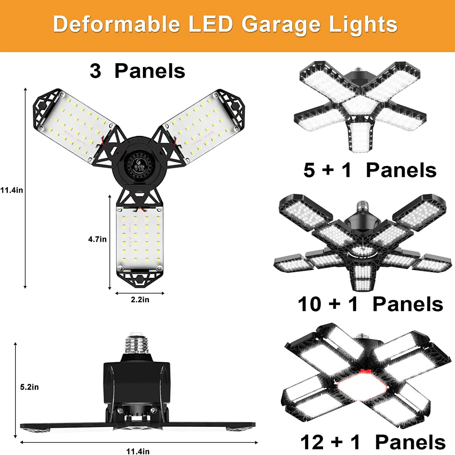Verformbare LED-Glühbirne, Garagenleuchte mit 3/5/10/12 verstellbarem Panel, LED-Nachtlampe E26/E27, Deckenbeleuchtung für Werkstatt, Lager