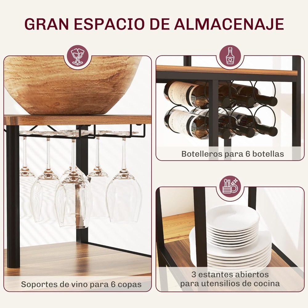 Juego de mesa de bar y taburetes Mesa de cocina alta con 2 taburetes laterales plegables, estante para vino y estante, estilo industrial marrón y negro