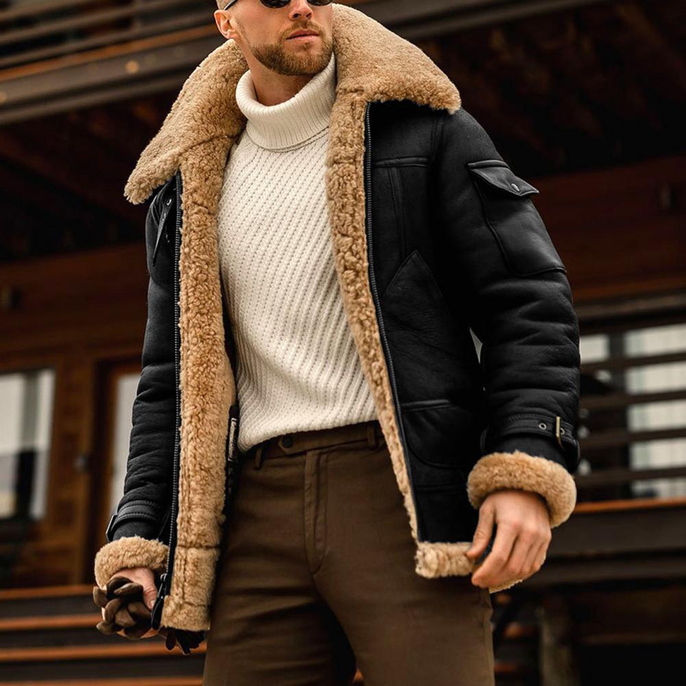Faux FUR Faux หนังผู้ชายแจ็คเก็ตหนาซับตุ๊กตาฤดูหนาวเสื้อแจ็คเก็ตผู้ชาย VINTAGE Lapel Furry Coldproof Keep WARM Winter Coat