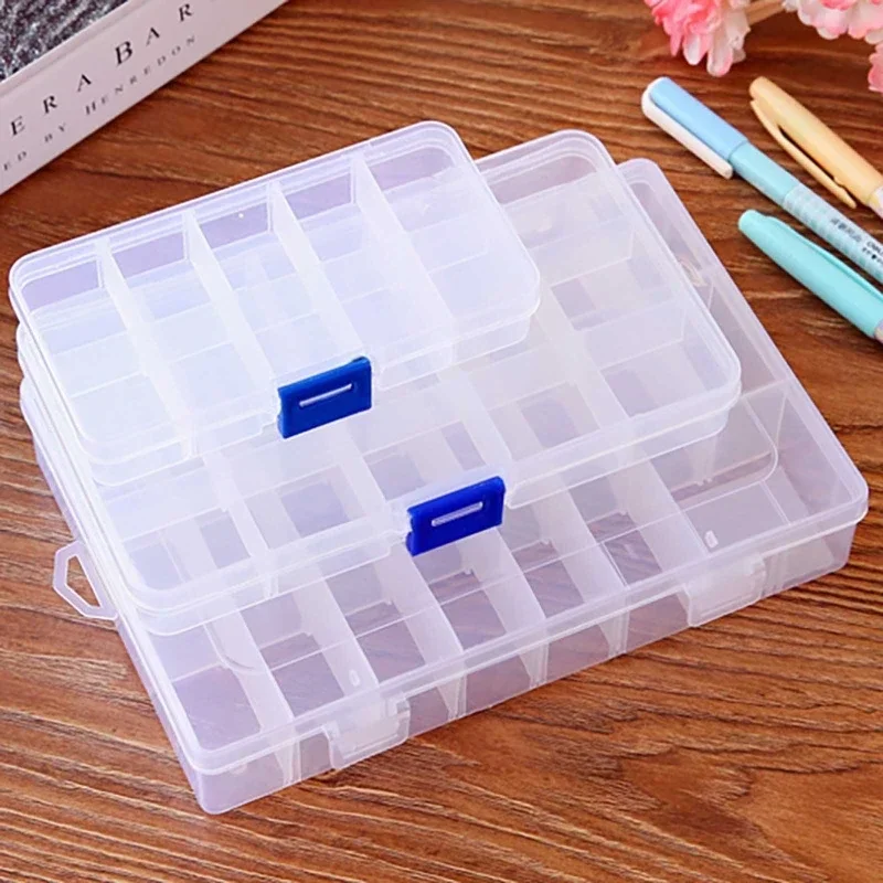 Caja de almacenamiento transparente portátil, organizador transparente de plástico con cubierta para joyería, pendientes, piezas de clavos de tornillo, 10/15/24 rejillas