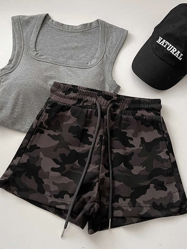 orts Fs Confortáveis de Corduroy com Cintura Elástica, Estilo Camuflado Retro, Moda Casual de Verão