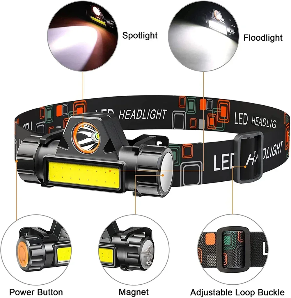 Linterna frontal LED COB recargable por USB, linterna frontal con batería integrada y fuerte linterna magnética para cabeza de pesca y acampada al aire libre