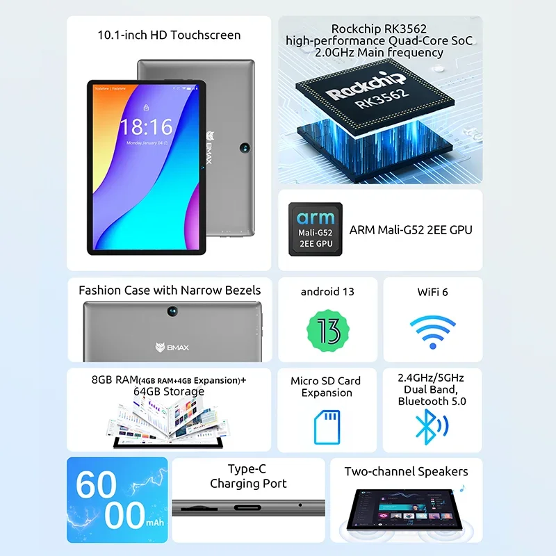 BMAX Kinder Tablet I9 Plus Android 14 GPU G522EE 8 GB RAM 64 GB ROM 10,1 Zoll Allwinner RK3562 Quad Core Port Tablets PC WIFI 6