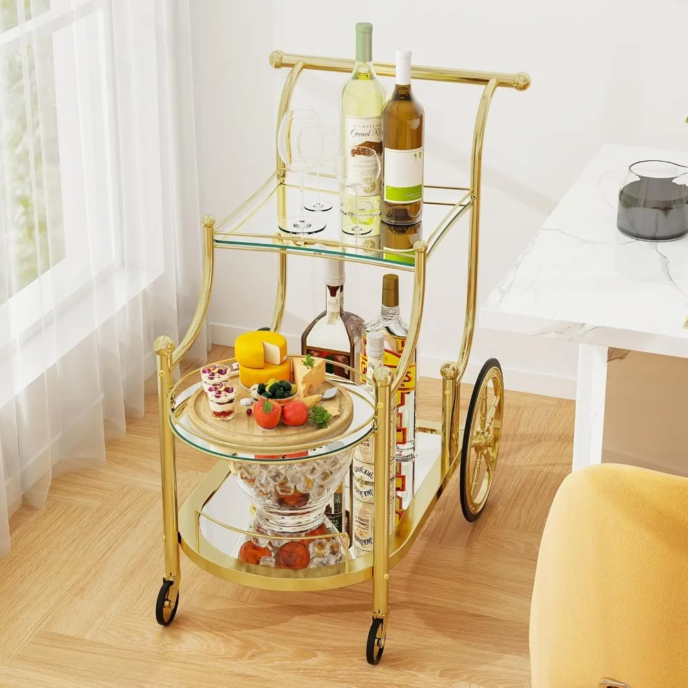 Rolling Bar Cart with 3-Tier Shelf & 4 Wheels, Tempered Glass Bar&Serving Cart,  for Metal Trolley for Home, Restaurant & Hotel