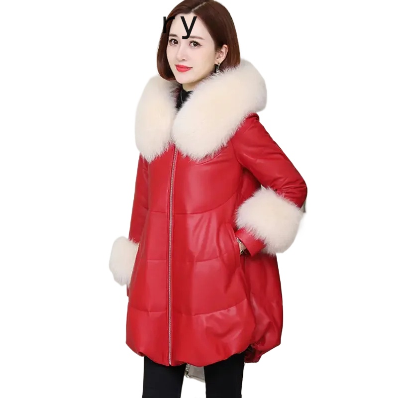 Damska kurtka z prawdziwej skóry, zimowa kurtka puchowa z kapturem, kołnierz z futra lisa, kurtki z prawdziwej skóry owczej, luźne kurtki puchowe damskie.