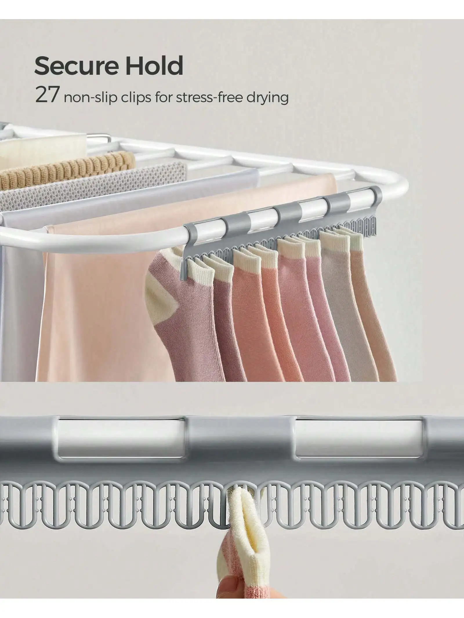 SONGMICS Clothes Drying Rack, With Sock Clips, Metal Laundry Rack, Foldable, Space-Saving, Free-Standing Airer, With Height-A