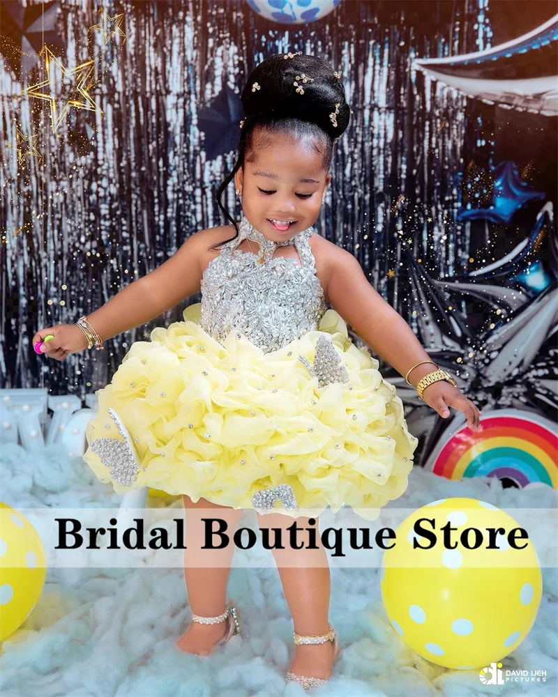 Vestido de princesa infantil amarillo con diamantes brillantes, cristales brillantes, cuentas de diamantes de imitación, desfile, bonito cumpleaños de niña de las flores personalizado