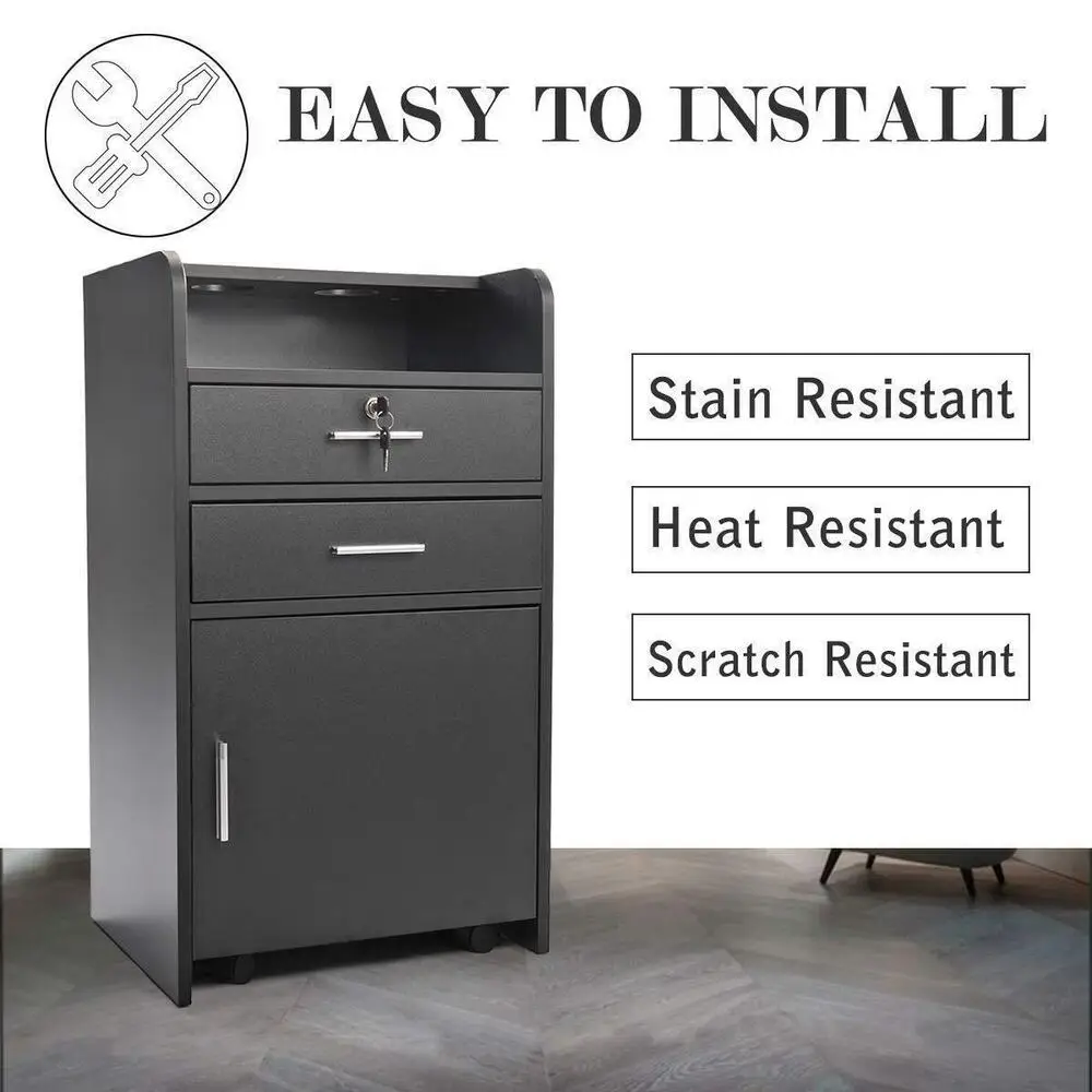 Styling Station, Barber Salon Cabinet with Appliance Holder Lockable Drawer