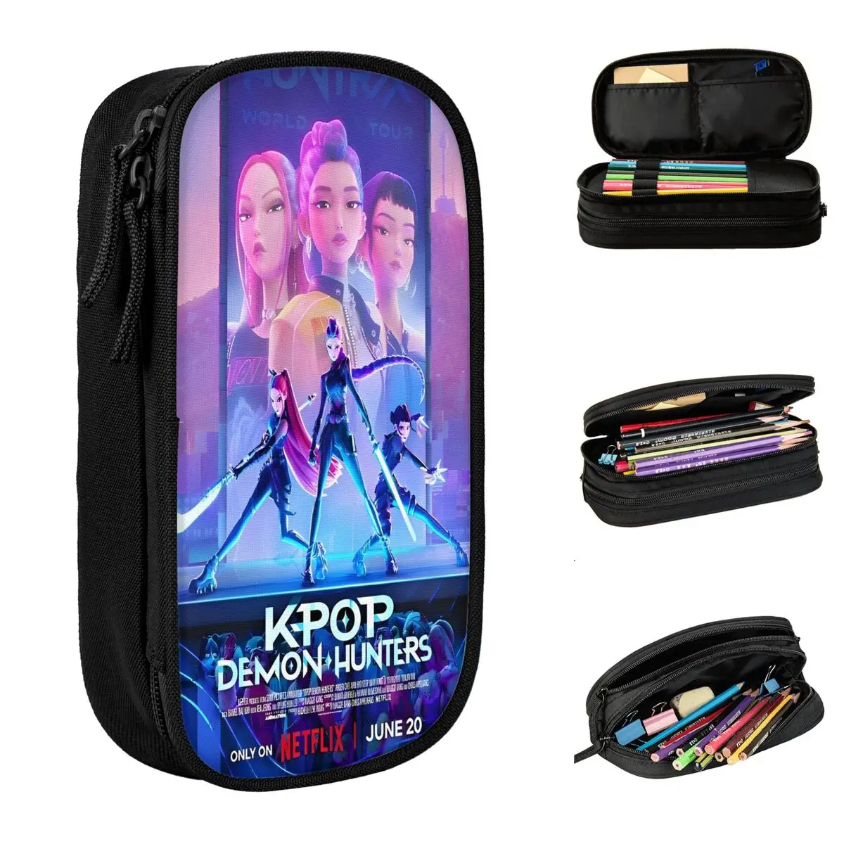 KPop Demon Hunters Pencil Case School Pencil Cases Zipper Boy Girl Retro Large Pencil Pouch School Stationery