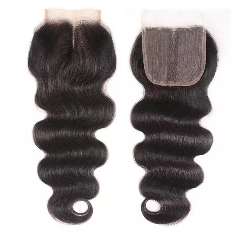 Cierre de cabello humano ondulado 4x1, encaje en T, cierre de parte media, cabello indio crudo prearrancado con pelo de bebé, Color Natural
