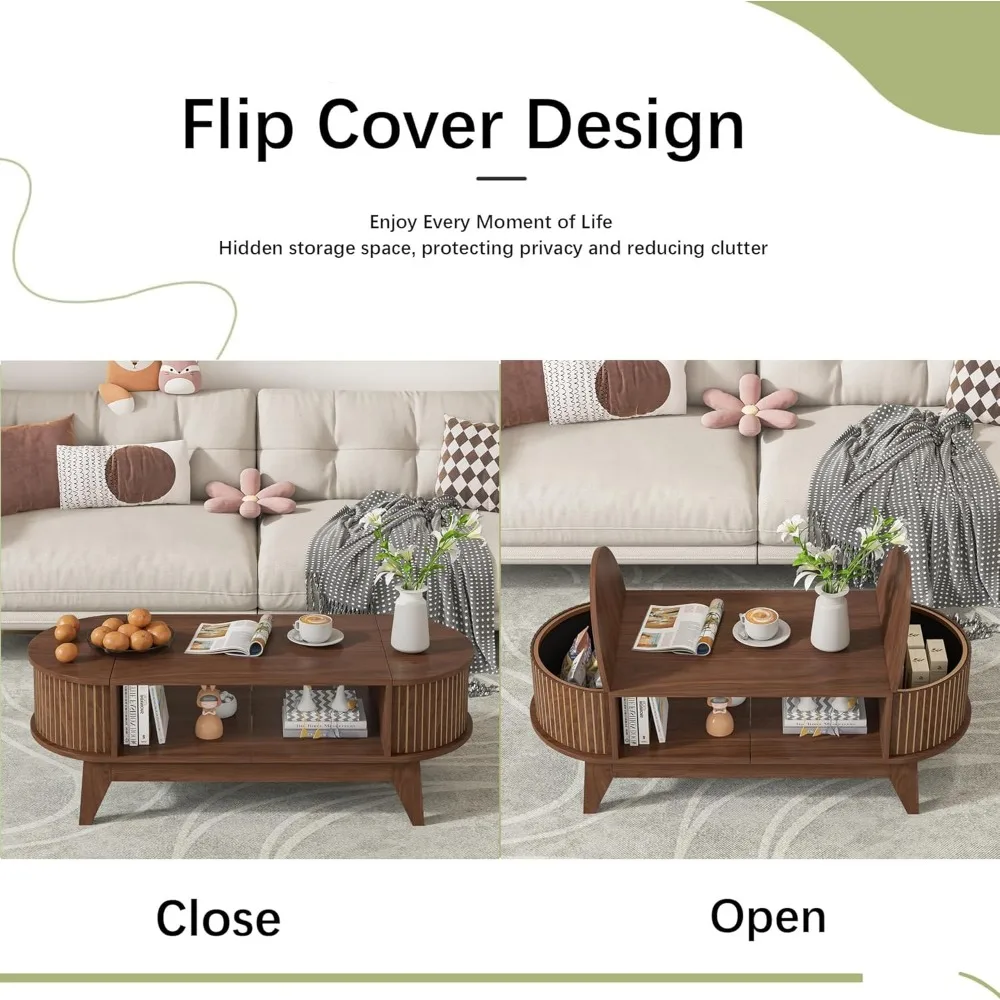 Couchtisch mit Stauraum, moderner Mid-Century-Couchtisch mit 2 klappbaren versteckten Deckeln, geschlitztem Couchtisch, Mitteltisch aus Holz