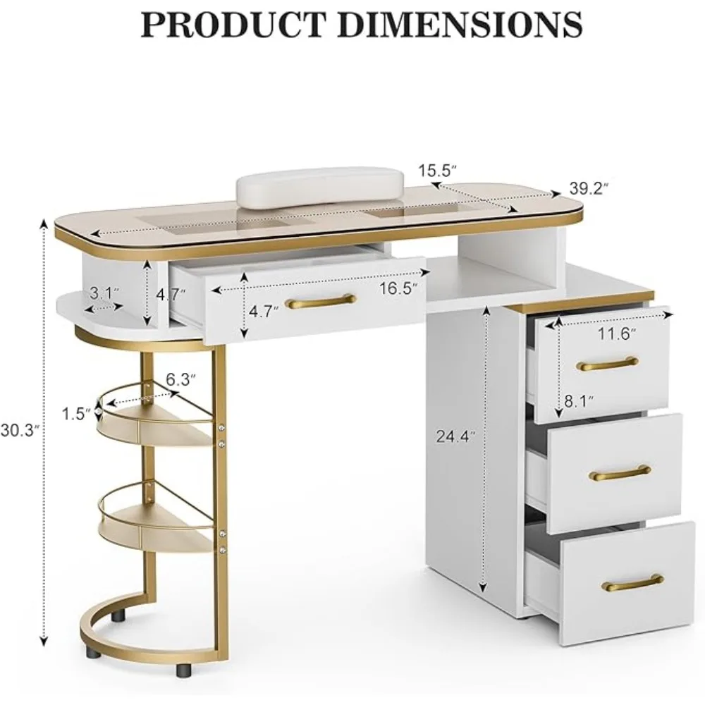 Glass top nail table with 4 drawers and 2 storage shelves, salon beauty workstation with anti acetone wrist pad, gold handle