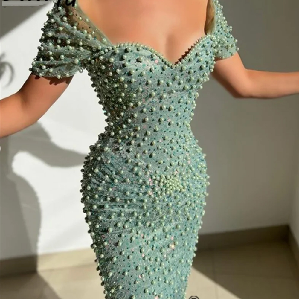 Customized High quality Elegant Green Full Pearls Beading Bodycon Prom Dresses Off the Shoulder Short Sleeve Floor Retro