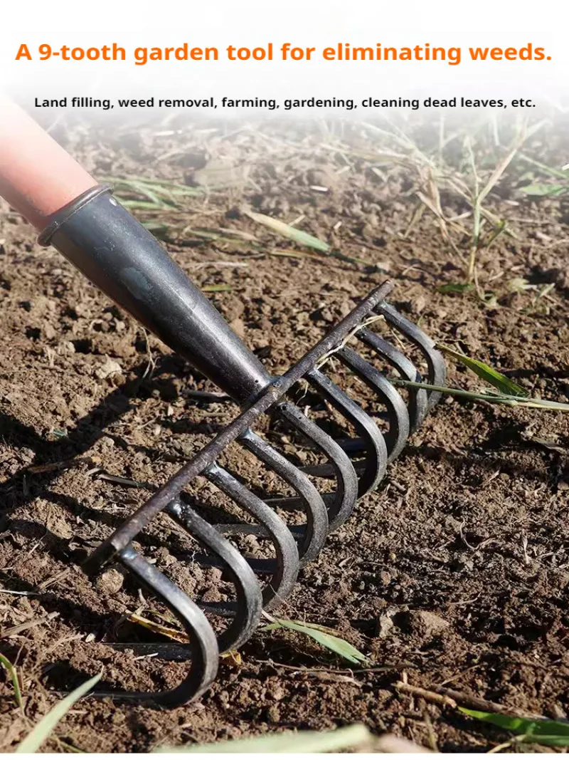Rastrillo de uñas multifuncional Ninetooth, rastrillo de uñas de acero al manganeso resistente y duradero para el hogar, herramienta agrícola de jardín