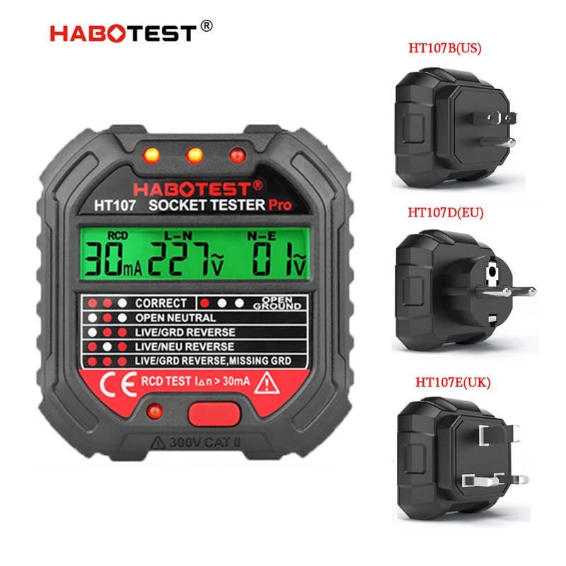 Probador de enchufe Digital HT107, voltaje profesional, prueba RCD de 30mA y 5mA, Detector inteligente, enchufe UE, EE. UU., Reino Unido, línea cero de tierra, verificación de fase de polaridad
