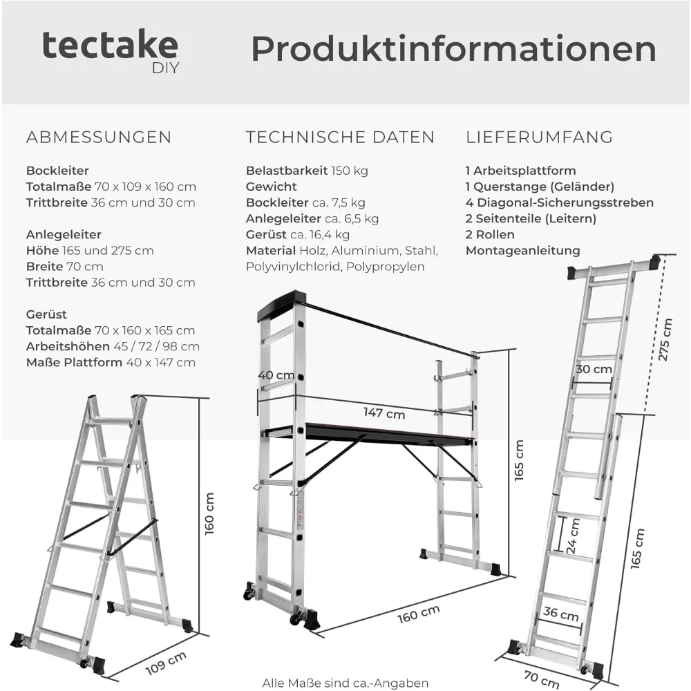 Ladder 4 in 1, Mobile Multipurpose Ladder, Arbeitsbühne, Baugerüst, Alu Gerüst, Rollgerüst mit Arbeitsplattform, Haushaltsleiter