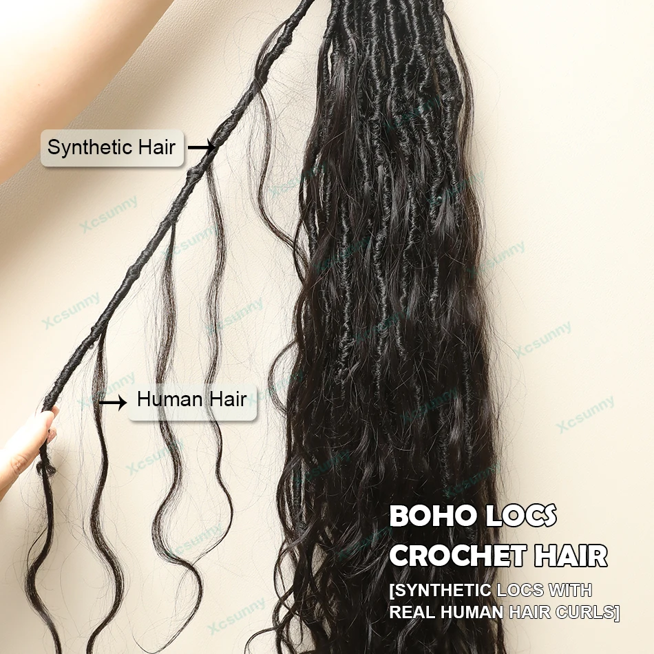 Knotless Pre-Looped Boho Locs com encaracolado termina, Onda do corpo, Cabelo humano Curls, Crochet Locs
