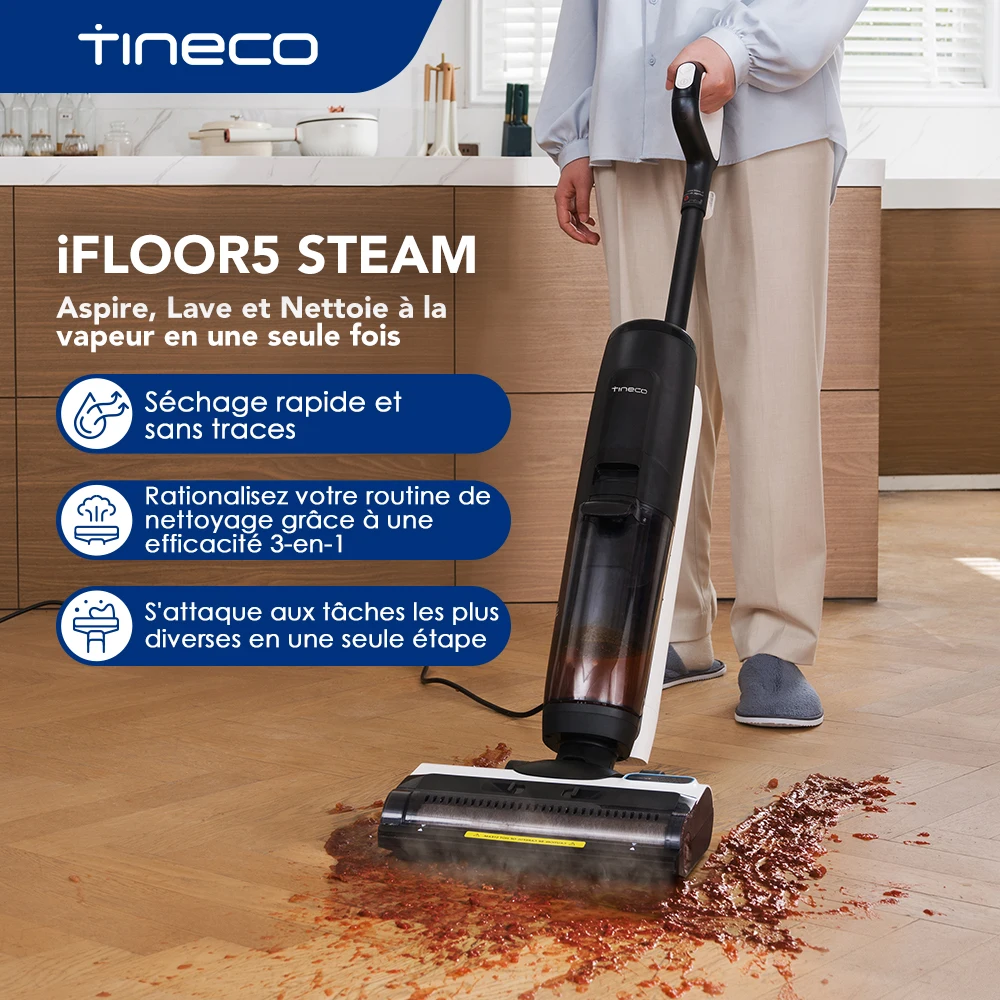 Tineco IFLOOR 5 Steam Aspirateur Sec Humide Tout-en-un, Laveur de Sols en Bois Dur, Parfait pour les Saletés Collantes, Vapeur à Haute Température à 120°C, Auto-nettoyage à la vapeur