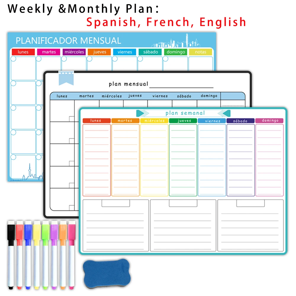 Weekly &monthly Planner：spanish, French, English.dry Erase Whiteboard Fridge Sticker Calendar A3 Size