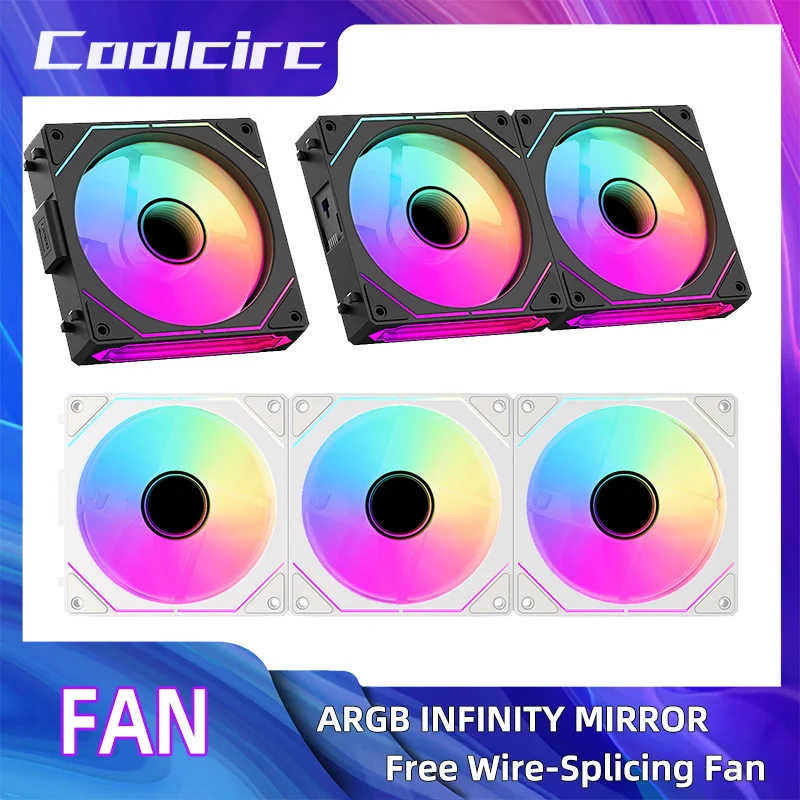 COOLCIRC PC Case Fan 120mm ARGB Spiegel Cyclus Lichteffect CPU Koeler Fan 4PIN PWM 58.36CFM Fan voor Computer Waterkoeler