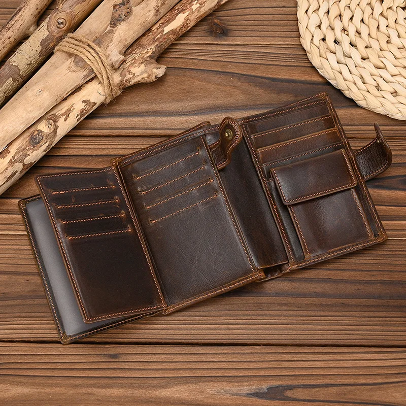 Cartera de cuero genuino de alta calidad para hombre y mujer, billetera corta de cuero genuino RFID con múltiples ranuras para tarjetas, monedero con botones para hombre