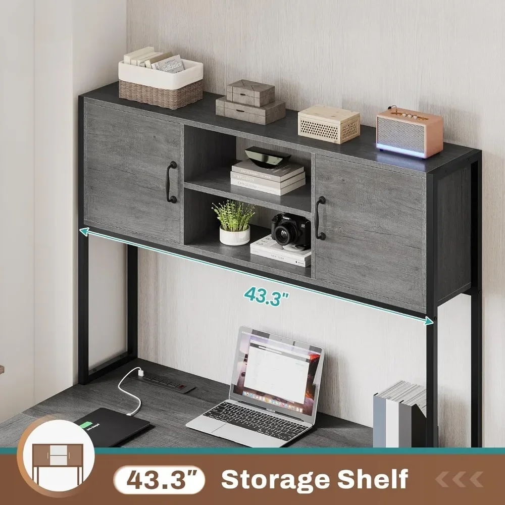 L Shaped Gaming Desk, Reversible Computer Desk with Fabric Drawers and Power Outlet, with Led Lights, Hutch and Storage Shelf