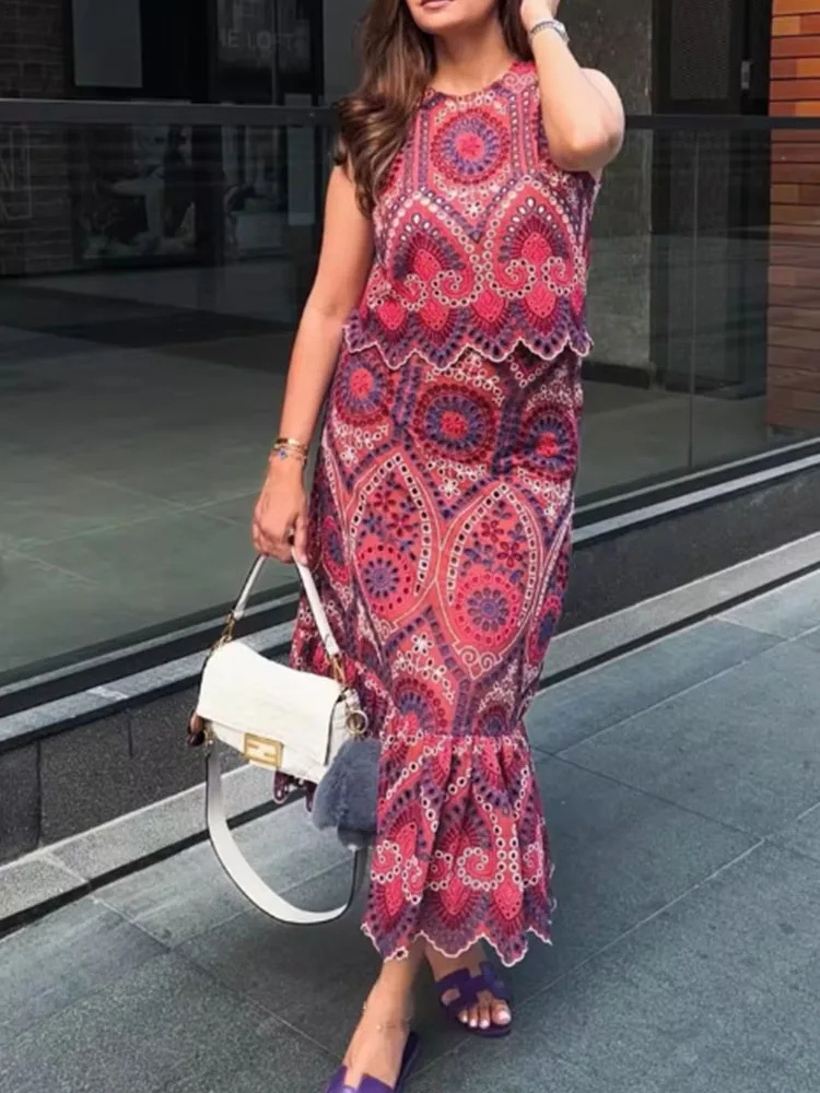 Frauen Stickerei Aushöhlen Anzug 2025, Sommer Casual Chic Oansatz Mode Ärmelloses Top Langen Rock Mode Anzug