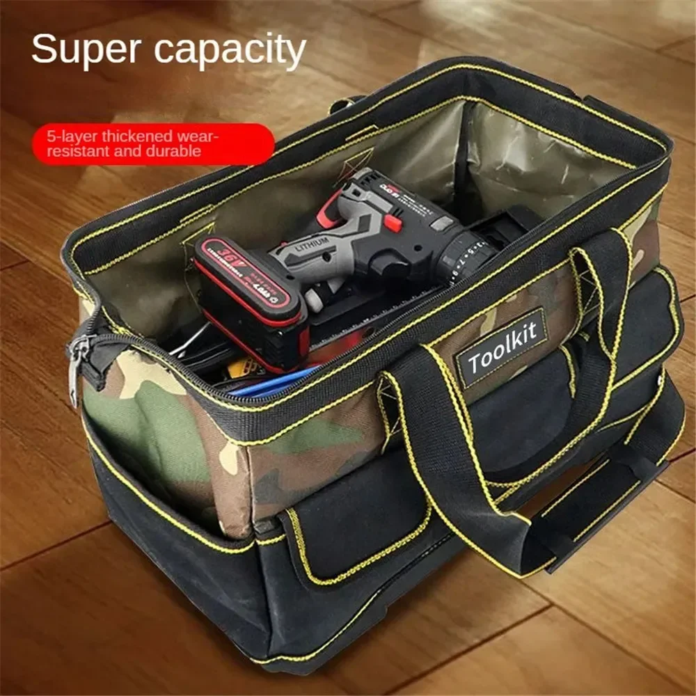 Camouflage Tool Bag with Plastic Bottom Shoulder Strap Multiple Pockets Tool Pounch Tool Storage Organizer for Electrician Tool