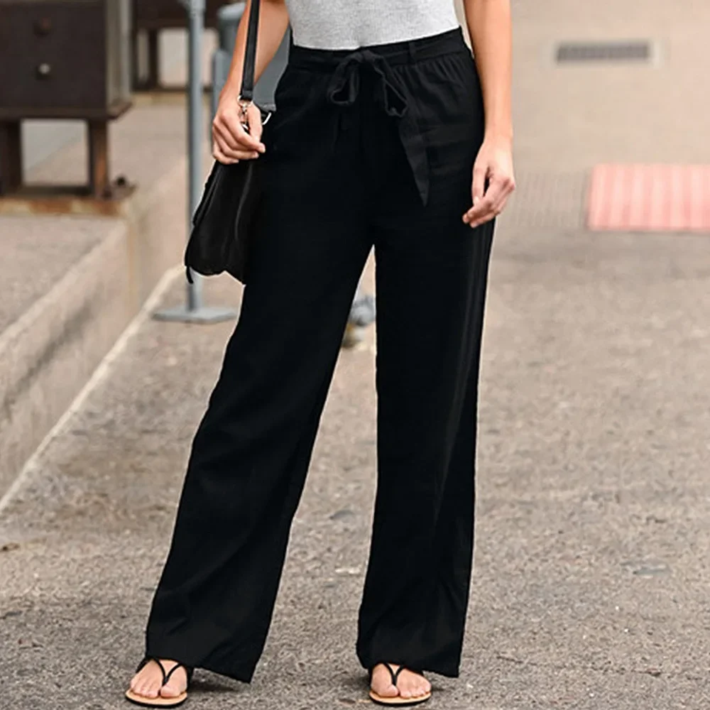 Pantalones de lino y algodón para mujer, moda de verano 2023, Pantalones rectos holgados con cintura elástica, pantalones informales hasta el tobillo de Color sólido para mujer