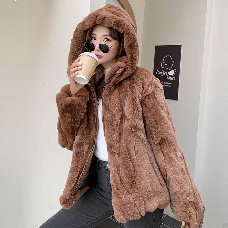 Mulheres inverno solto com capuz zíper jaqueta de pele natural 100% casaco de pele de coelho real grosso quente roupas femininas peludas outerwears