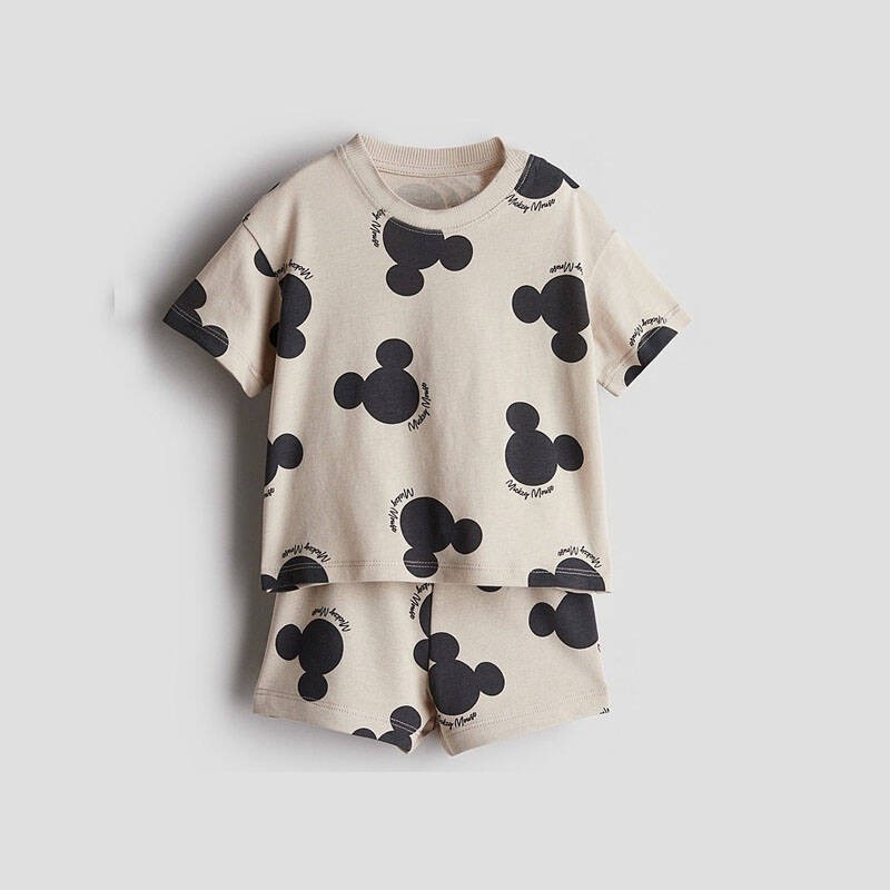Volledige print Mickey T-shirt shorts tweedelige set Disney zomerkleding kinderen cartoon tees losse shorts trainingspakken met korte mouwen