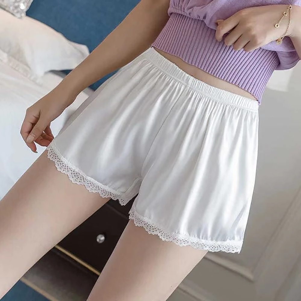 Mulheres primavera verão cetim seda rendas shorts de segurança calças soltas cintura elástica casa dormir shorts pijamas inferiores finos