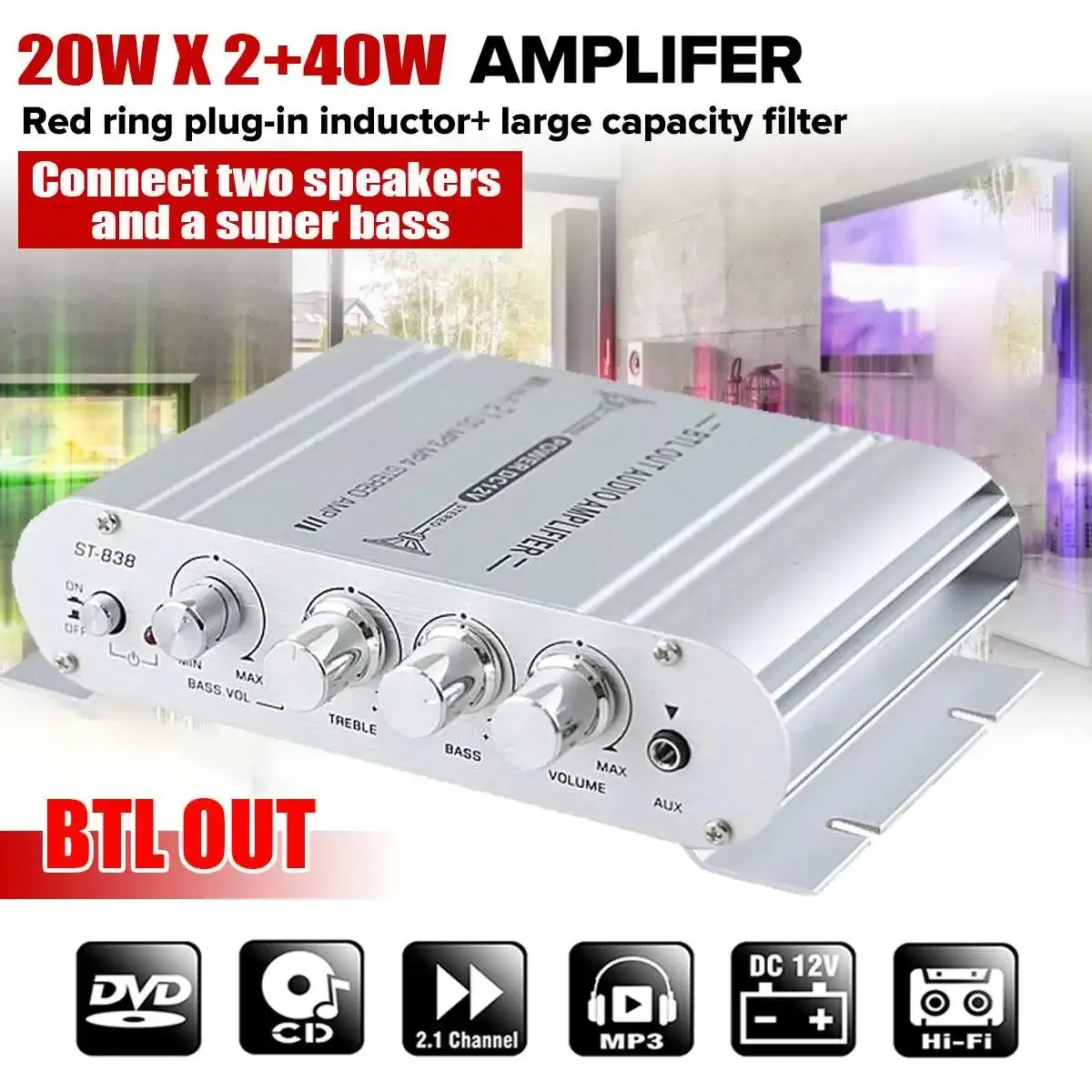 Amplificador ST-838 de 2.0 canais com amplificador subwoofer 2.1, graves potentes e sistema de som de alta qualidade para áudio doméstico