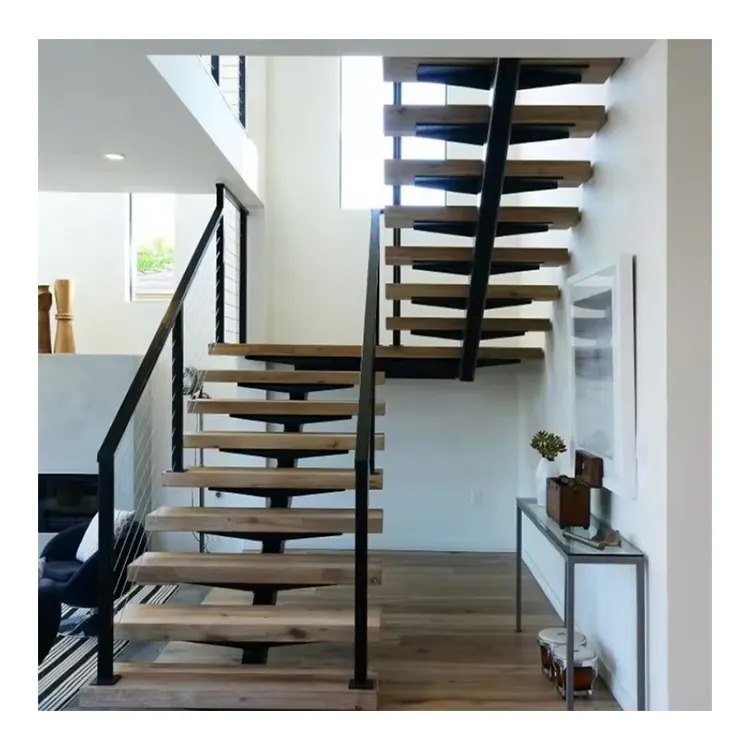 Modern Design Second Floor Indoor Staircase Handrail Solid Wood Tread Step Lights Mono Stringer Metal Railing