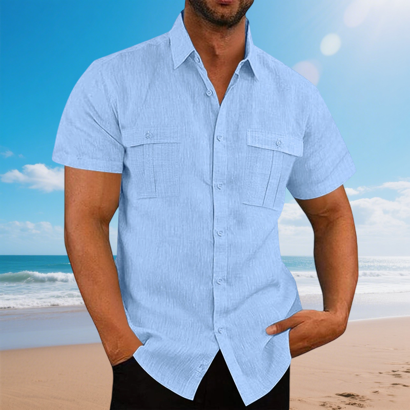 Camicia da uomo a maniche corte in cotone e lino, tinta unita estiva, colletto rialzato, stile casual da spiaggia, taglie forti S-5XL