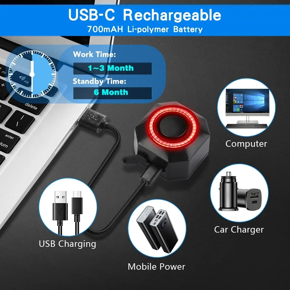 จักรยานสัญญาณกันขโมยไฟท้ายกันน้ําสมาร์ทเบรคอัตโนมัติ Sensing ไฟท้ายรีโมทคอนโทรล USB Charge ไฟท้ายจักรยาน