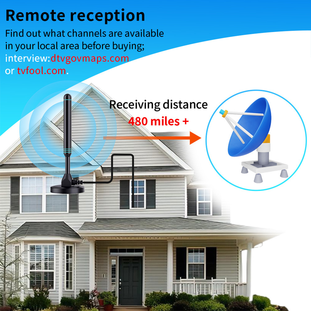 Antenna TV digitale HD 4K/1080P con amplificatore di segnale Antenna esterna per interni oltre 480 miglia Base magnetica Antenna HD digitale VHF UHF