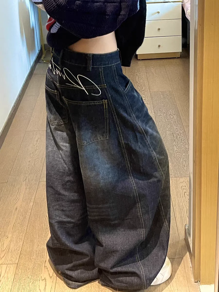 Lässige Damen Y2K Loose Baggy Jeans Blau gewaschen High Street Vintage Cargohose Weites Bein Übergroße Hose Y2K Hose