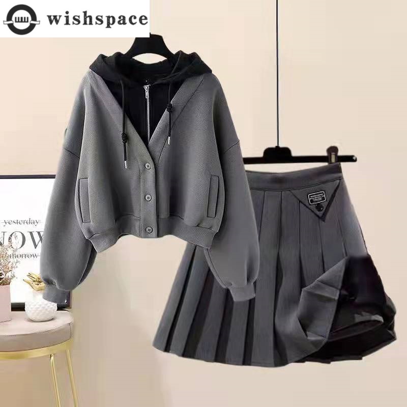 Minifalda plisada con capucha de manga larga informal gruesa de felpa conjunto de dos piezas conjunto de falda de mujer de moda