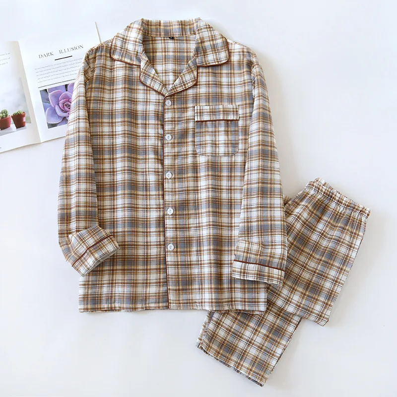 2025 japanisches neues Herren-Pyjama-Set, Frühling/Sommer, kariert, schlicht, langärmelig, zweiteiliges Set, Strickjacke aus 100 % Baumwolle, Heimtextilien
