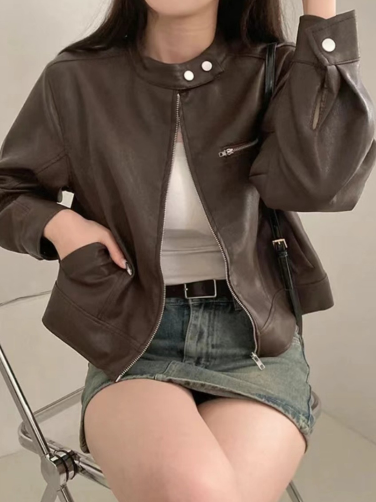 Fall New Sle High-End Motorcycle Leather Jacket Long Sleeve Stand Collar Versatile Baseball Shirt Top for Small Figures