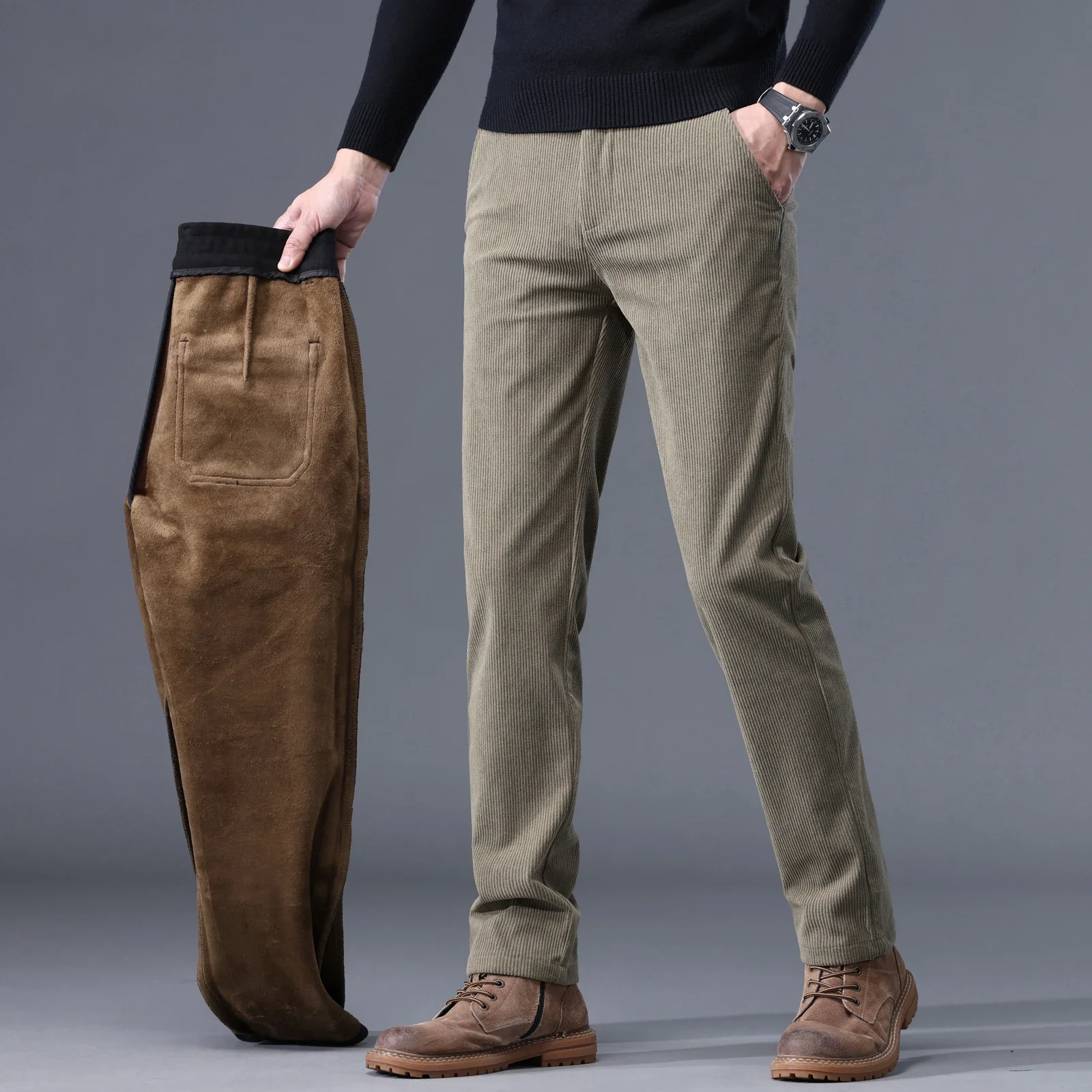 2024 Neu in Winterhosen für Herren, gerade, schmales Bein, Freizeithose, männlich, Cord-Fleece, dick, warm, Arbeit, Business, stilvoll, Büro, Khaki