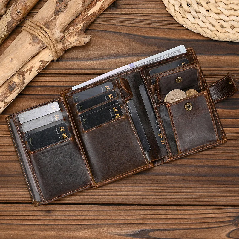 Cartera de cuero genuino de alta calidad para hombre y mujer, billetera corta de cuero genuino RFID con múltiples ranuras para tarjetas, monedero con botones para hombre