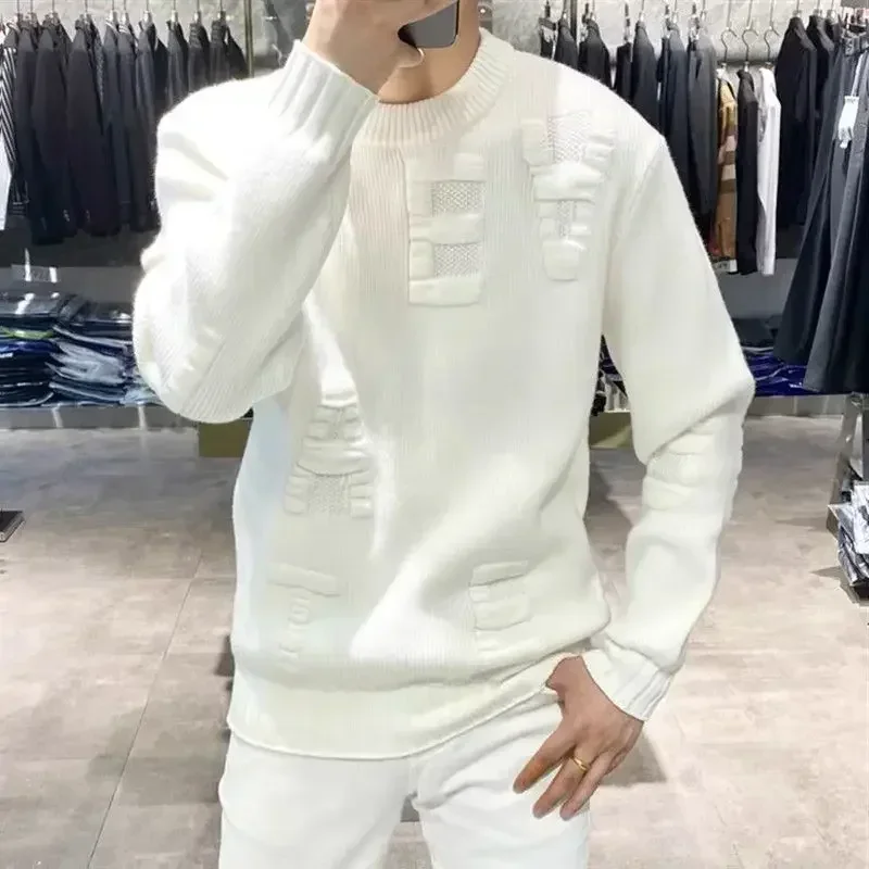 Suéter de punto verde para hombre, jerseys lisos de Color sólido, moda coreana, jerséis clásicos, Overfit calentado