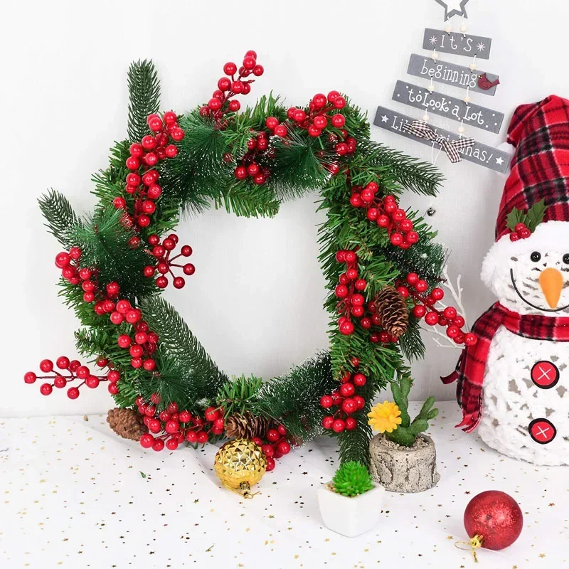 10 個人工松の枝クリスマスヒイラギ赤い果実の茎クリスマスツリー DIY リース装飾クリスマス家の装飾