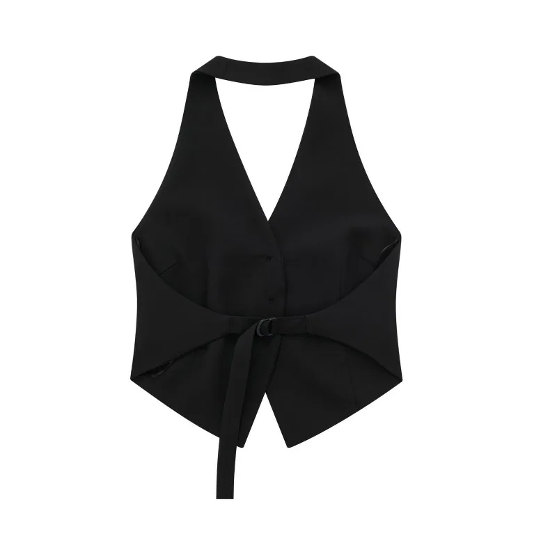2025 mulheres novo estilo blusa verão venda quente colete feminino moda sexy pendurado pescoço fibra de poliéster colete fivela fita estilo