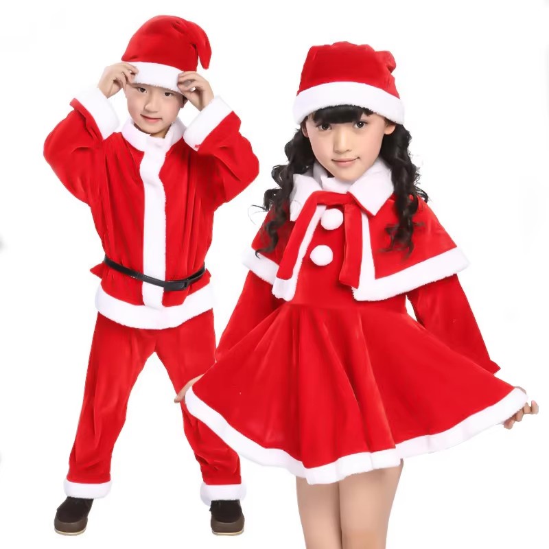 Warm Christmas Party Suit For Winter Kids, Coat, Pants, Hat And Shoe Covers, Santa Claus Role Play Suit For Boys And Girls, Chri