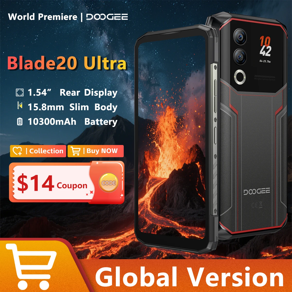 DOOGEE Blade20 Ultra Rugged Smartphone 6.6“ IPS Screen 1.54” Rear Screen 8GB+512GB 10300mAh 50MP Camera Android 14 NFC Phone