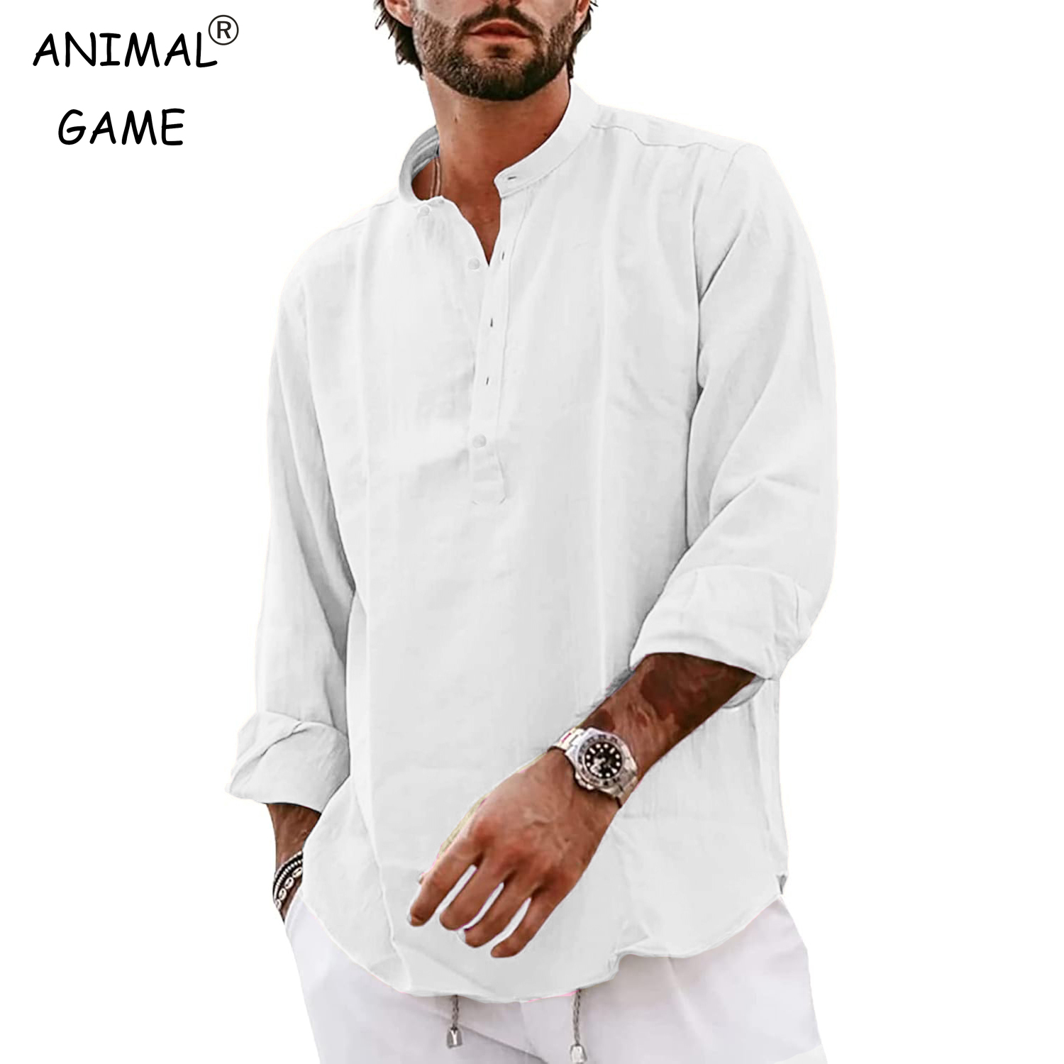 Ropa de calle, camisas de lino y algodón para hombre, camisas Henley informales ligeras de manga larga para hombre, camisetas transpirables hawaianas de playa